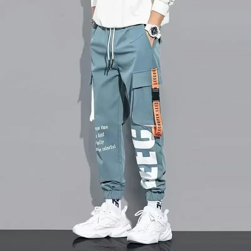 Classic Streetwear Casual Pants Men Ribbons Jogging Pants Male Slim Fit Spring Cargo Pants Multi-Pockets Trouser