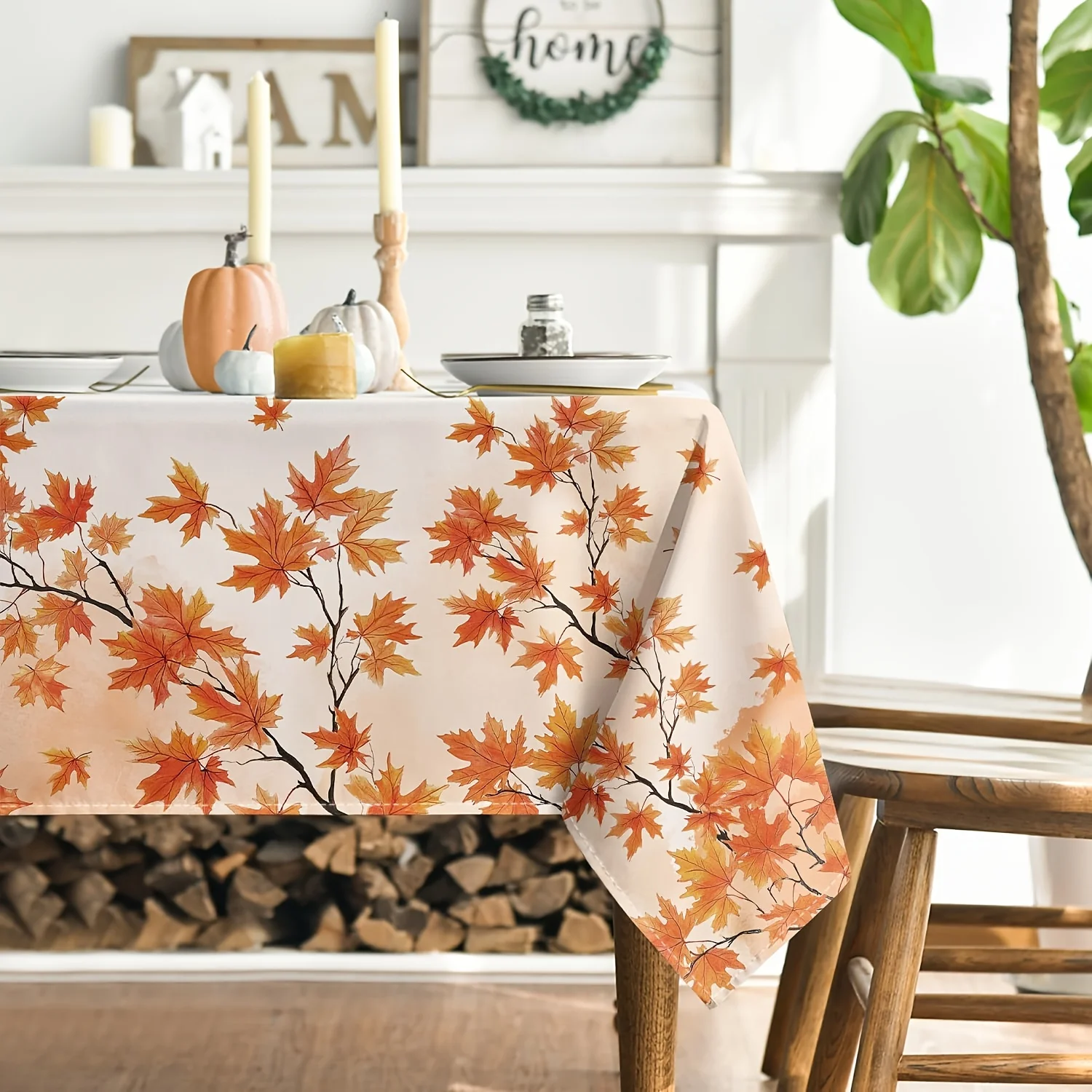 Fall tablecloth in rectangle shape, autumn harvest of maple leaves watercolor washable seasonal tablecloth