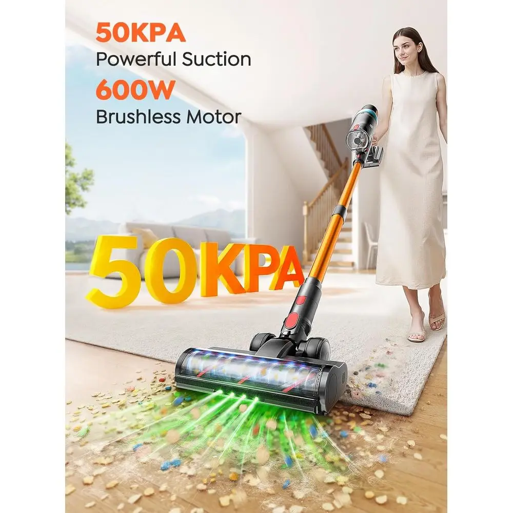 مكنسة كهربائية لاسلكية مطورة بقدرة 600 وات 50 كيلو باسكال، وقت تشغيل 65 دقيقة، خرطوم 3.3 قدم، شاشة لمس LED، حامل جداري لتنظيف المنزل والسيارة