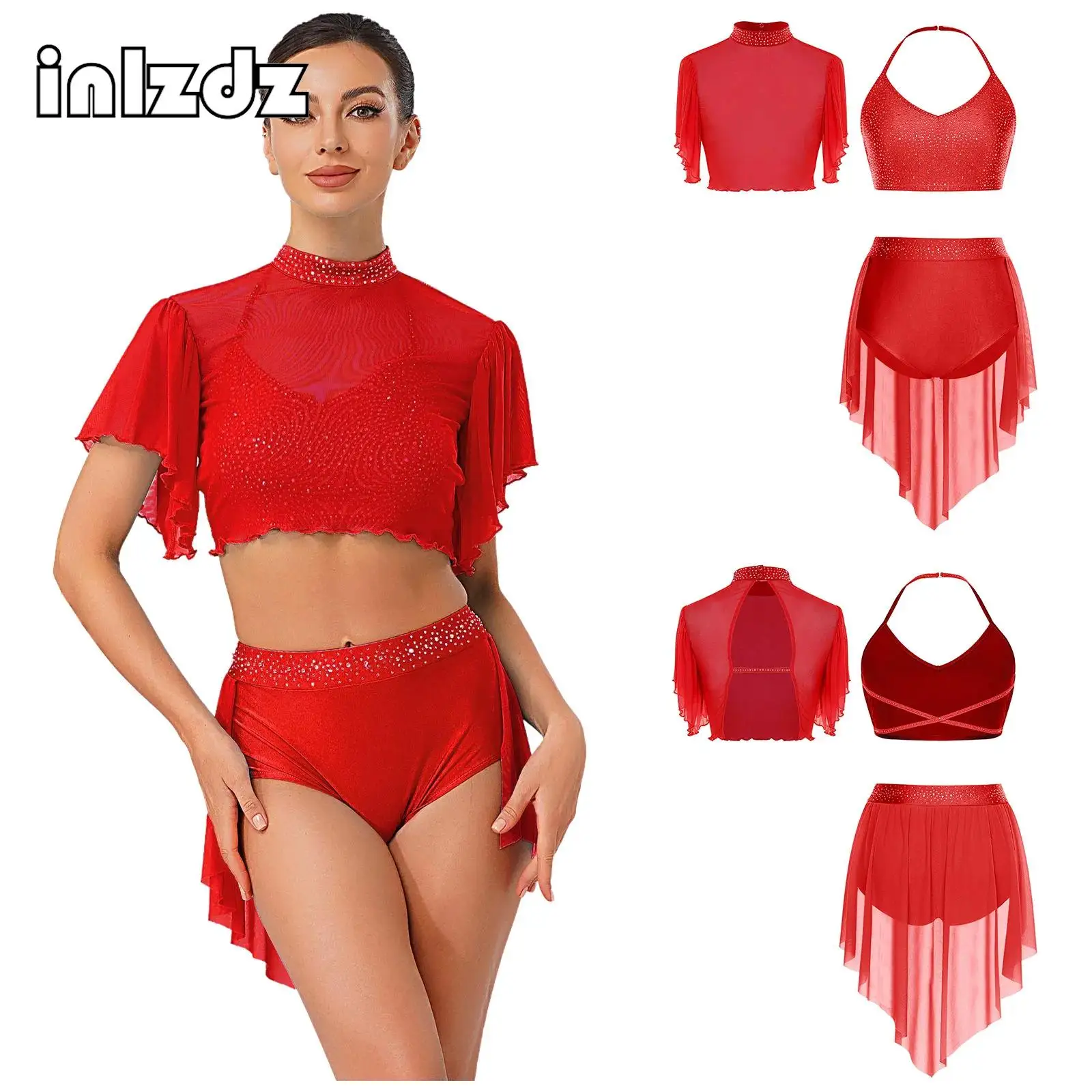 

Womens Modern Lyrical Dance Outfit 3-piece Dancewear Sets Backless Camisole Crop Tops+Skirt Shorts for Skating Dance Class Stage
