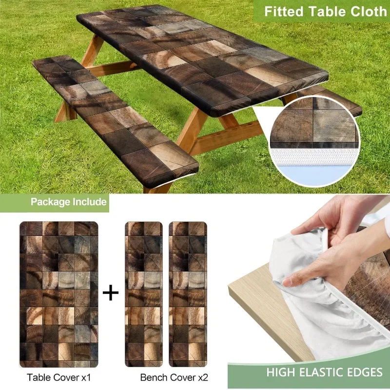 Windproof Elastic Camping Picnic Table & Bench Cover Set Tablecloth for Outdoor Rectangle Tablecloths Fit for 4FT/6FT/8FT Table