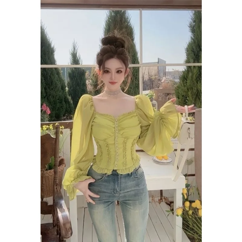 

Pure Desire One Shoulder Long Sleeve Off Shoulder Shirt Women's Spring Waist Slimming Puff Sleeve French Top