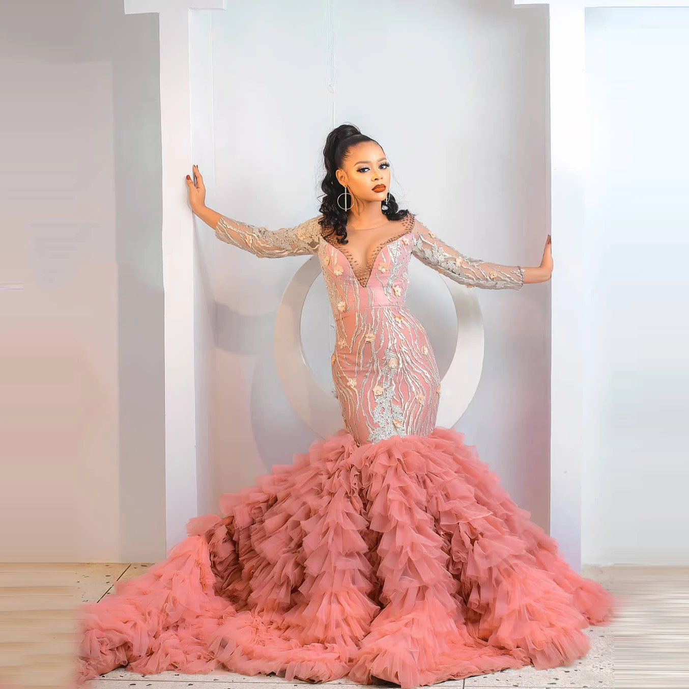 

Pink evening dress, mermaid dance dress, decal party, birthday dress, ruffle edge banquet dress, bridal wedding dress customizat