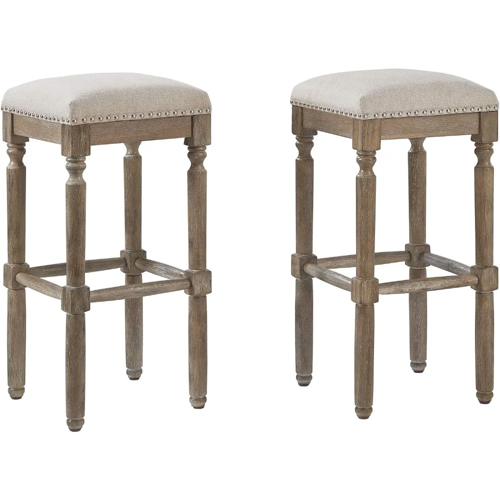 

Pub Height Bar Stools Upholstered Pub Stool Weathered Oak finish 30"H, Taupe Fabric 2-Pack