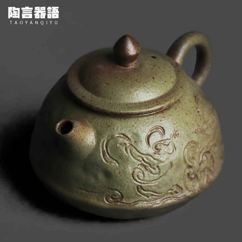 Vintage kiln-formed moss-green gilded hand-held teapot embossed grotto Buddha motifs tea tea bags brewing pots