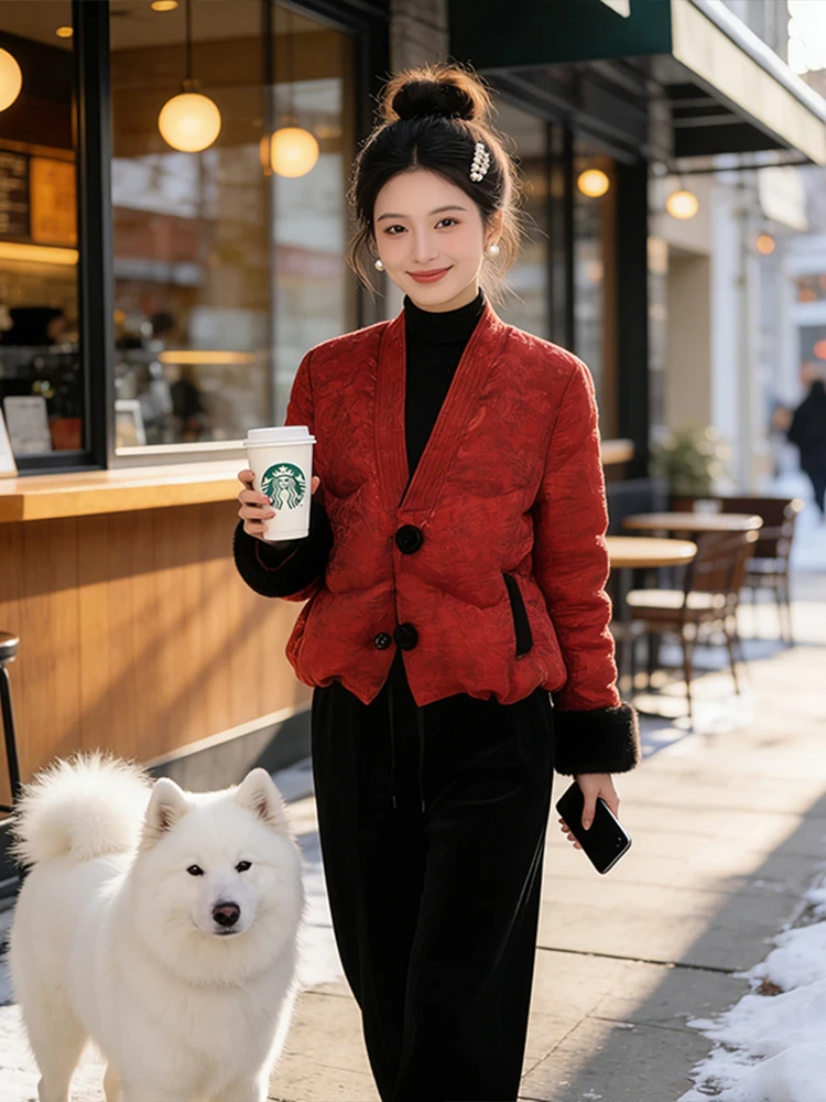 

New Chinese Style Red Floral Embroidery down Cotton Jacket Women's Winter Thickened Outerwear Loose Fashionable New Year