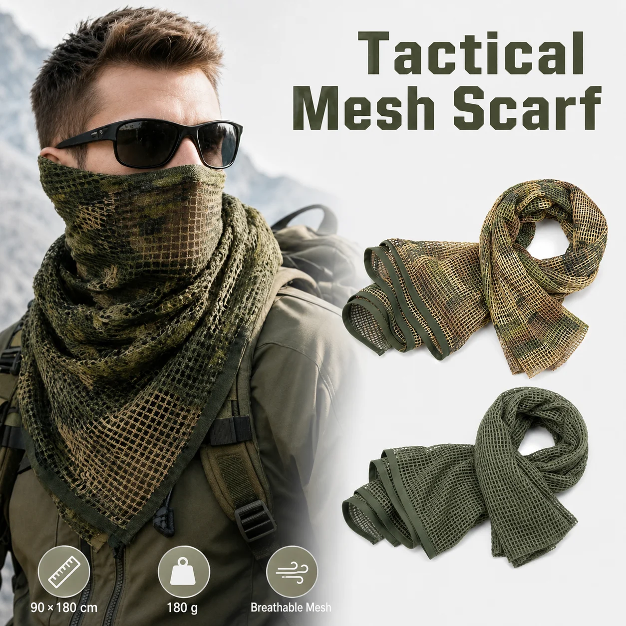Tactical Camouflage Mesh Scarf Camo Netting Wrap for Wargame Hunting Shooting Outdoor Training Airsoft Concealment Accessory Set