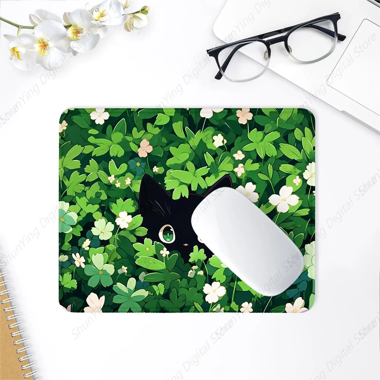 Green Leave Cat Gaming Mouse Pad With Anti Slip Rubber Base And Stitched Edges Suitable For Laptop Office Use 25*30cm