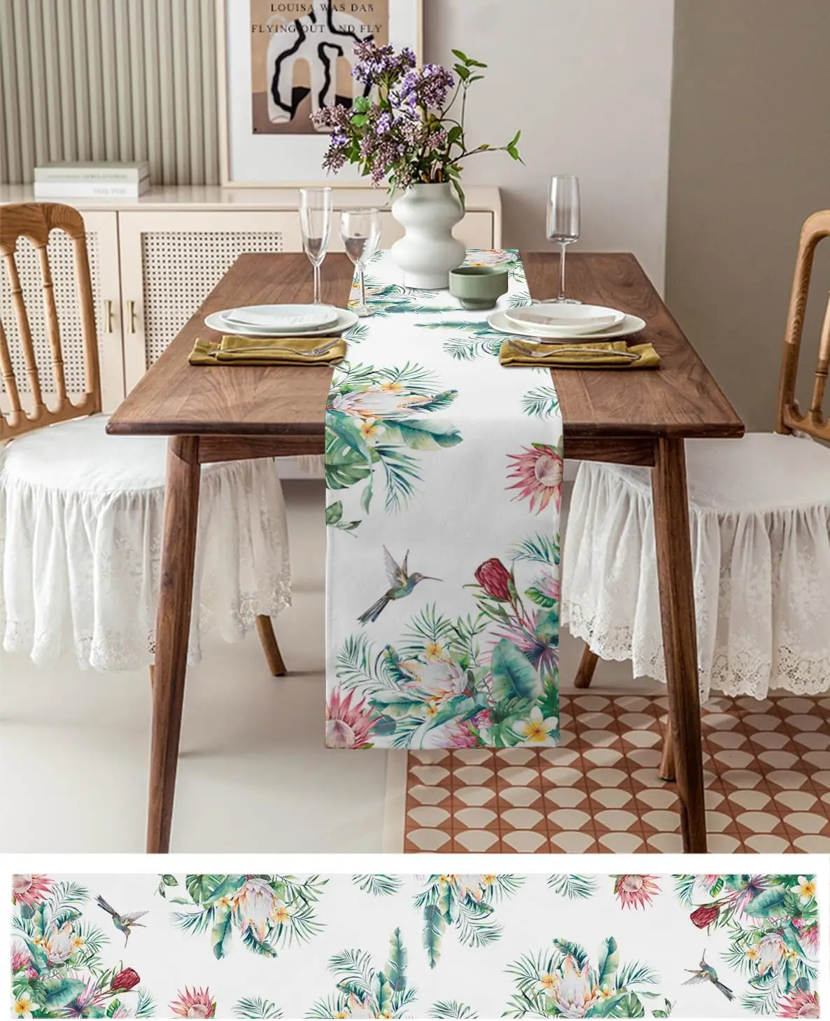 Spring Summer Tropical Flowers Bird Linen Table Runner Dresser Scarf Decor Seasonal Eucalyptus Leaves Table Runners Party Decor