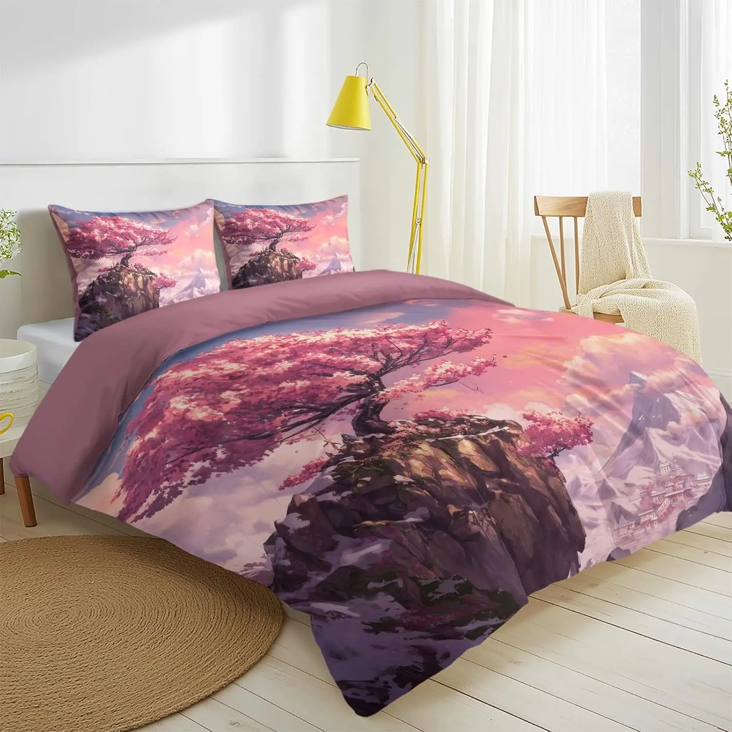 Anime Landscape Bedding Set Single Size With 1 Pillowcase Dreamy Romantic Cherry Blossom Cliff Quilt Pink Bed