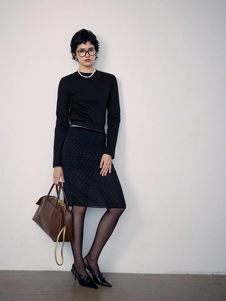 Katoenen kleine halfhoge kraag, onregelmatig geribbeld effen wit basisoverhemd met hoge elasticiteit voor herfst en winter 2025