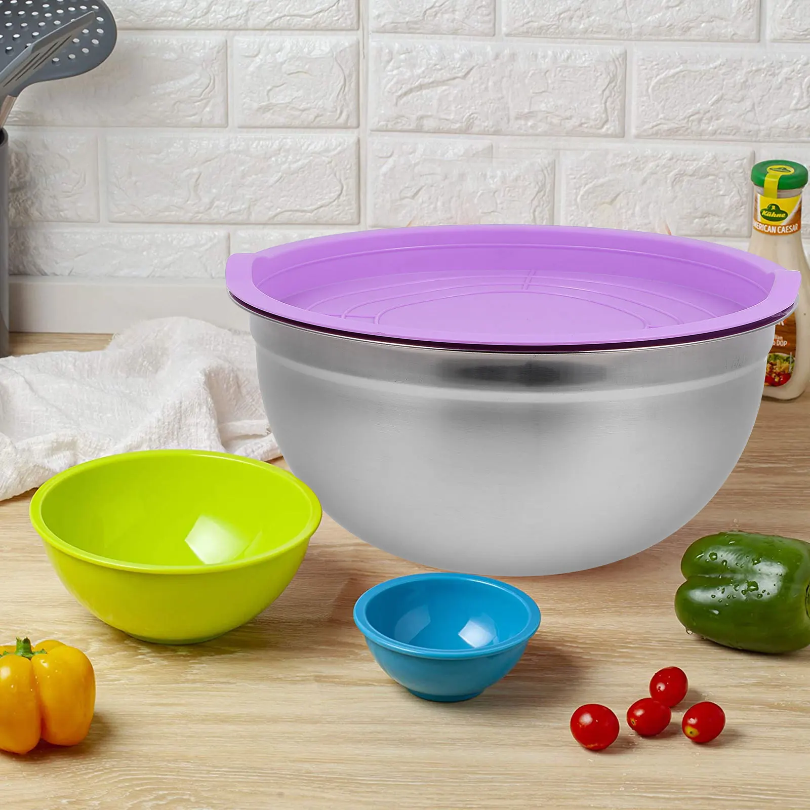 

2Pcs Stainless Steel Salad Mixing Egg Bowls Thick Deep Rustproof Kitchen Assistant Curling Design Easy Grip Food Safe Bowls