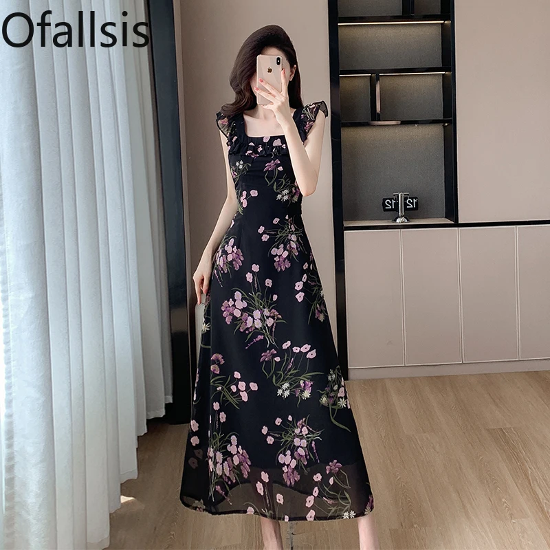 Ofallsis Square Neck High End New Style Ruffled Edge Suspender Dress 2024 Summer Slim Fit Long Gentle Chiffon Floral Tie Dresses