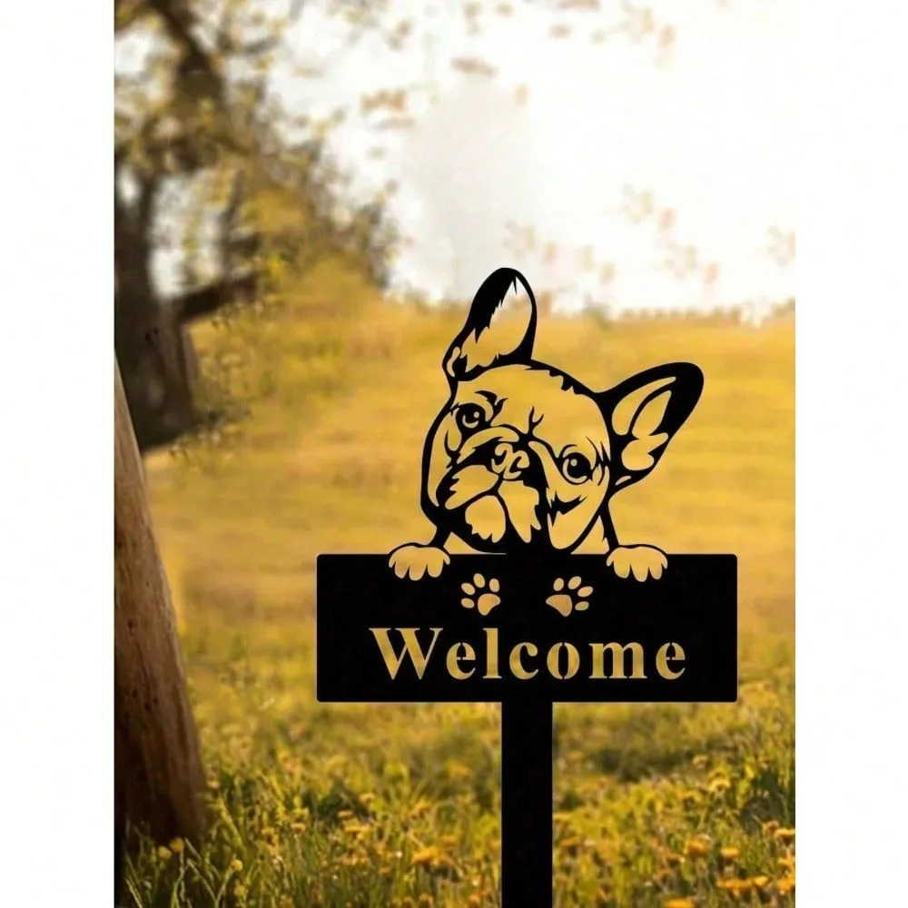 Letrero de Bienvenida Vintage con Diseño de Bulldog Francés - Decoración para Jardín y Patio, Estatua Metálica Hueca Estilo Rústico, Regalo Ideal para Amantes de los Perros