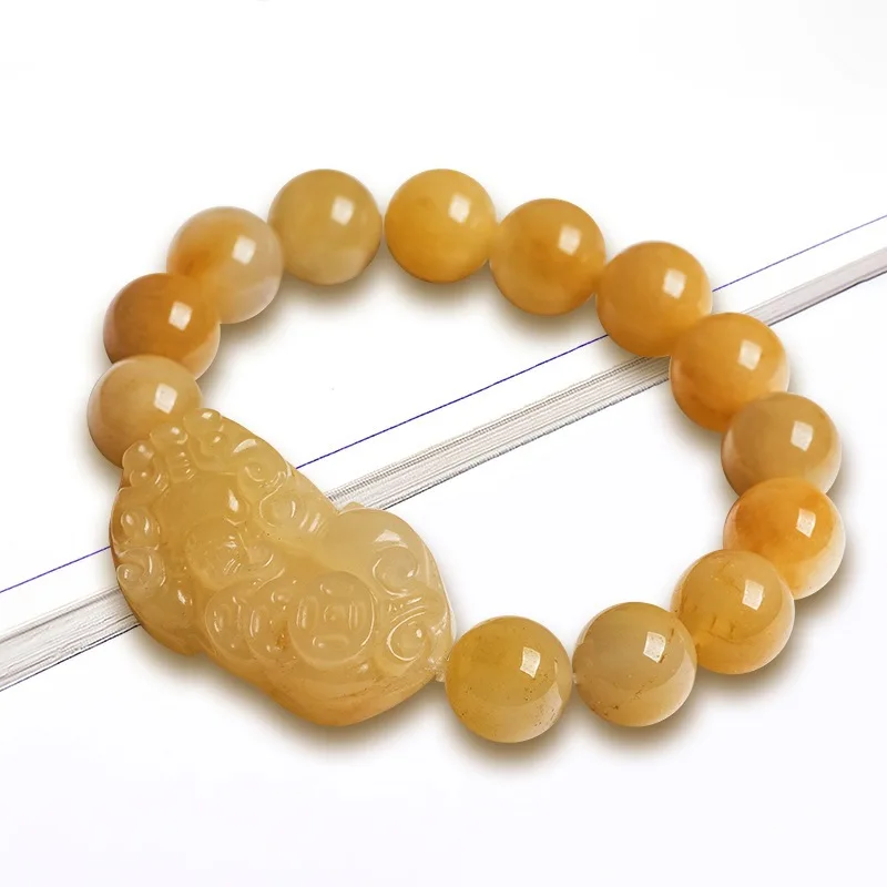 

Natural Jade Beaded Men Women Lucky Gift Yellow 13mm Round Beads Coin Pixiu Bracelet