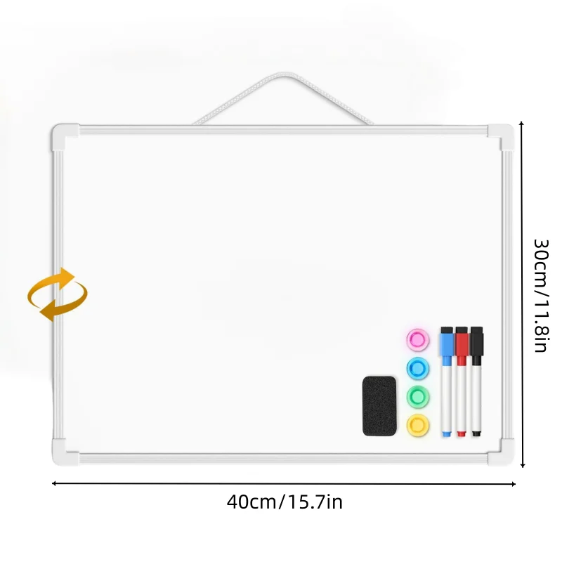 Klein droog uitwisbaar bord voor aan de muur, 15,7" x 11,8" dubbelzijdig klein whiteboard, droog uitwisbaar witbord met 3 markeringen en 4 magneten, P