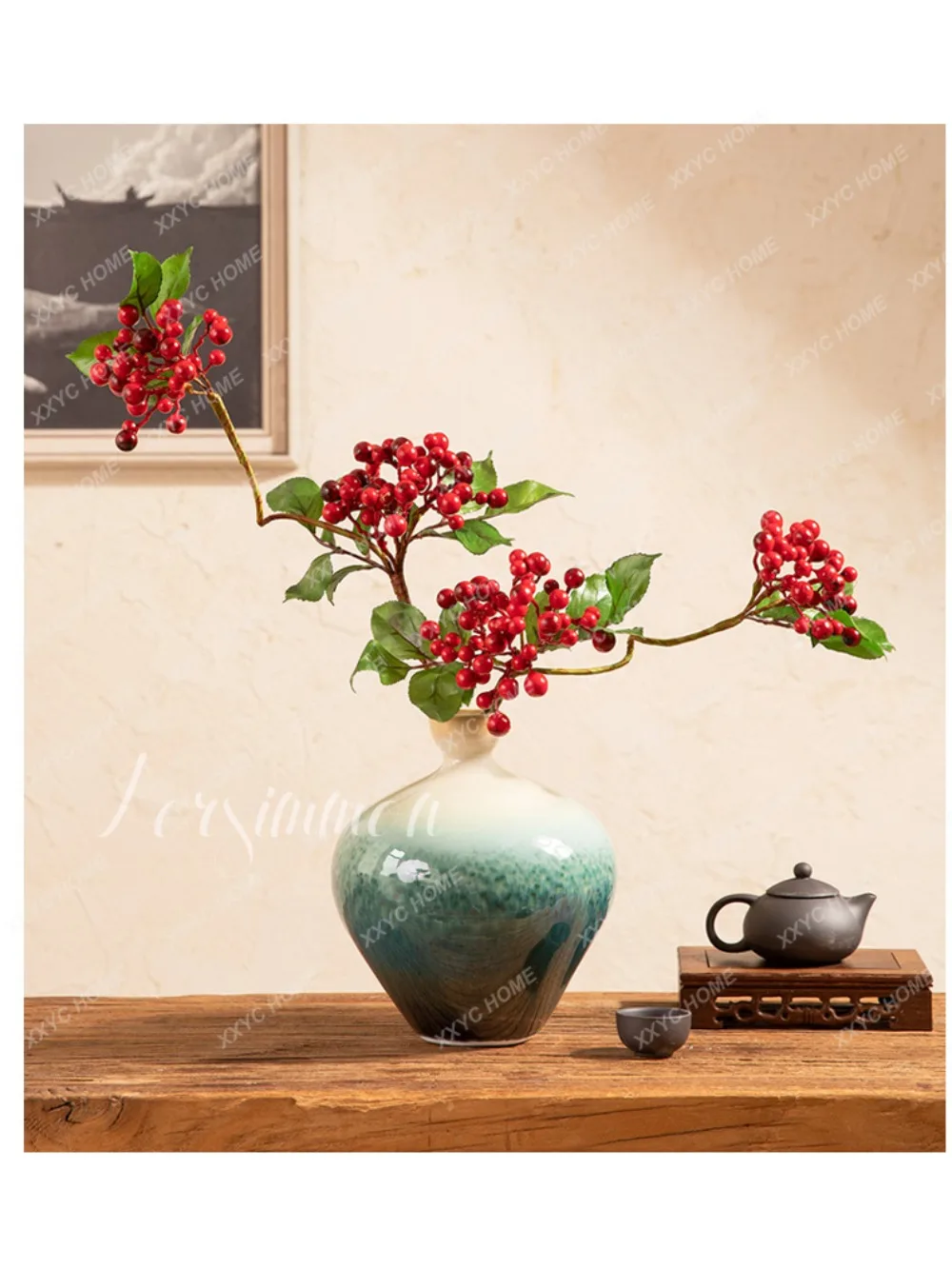 Green Glaze New Chinese Ceramic Vase DecorationLiving Room Flower Arrangement Dining Table Red Berry Flower Branch Flower Device