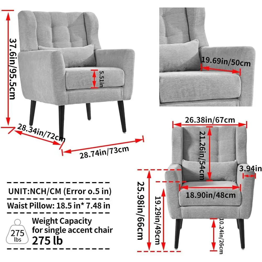 Poltrona Decorativa, Cadeira Confortável Estofada para Sala de Estar com Encosto Alto e Almofada, Poltrona de Leitura Wingback com Estrutura de Madeira Maciça