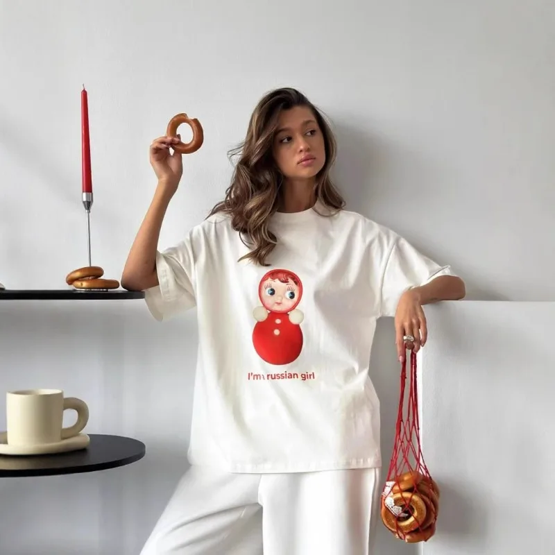 

Women's Cotton T-shirt with Print White Top Summer Women Cartoon Printed T-Shirt O-Neck Short Sleeve Cute Graphic Tee 2025
