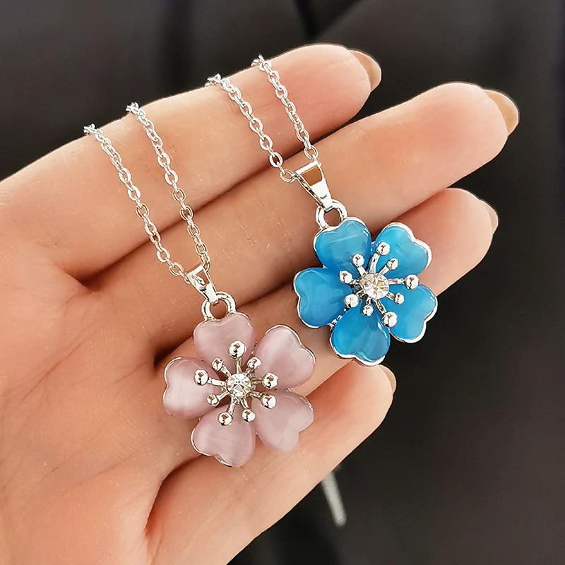 SINLEERY Fashion Solid Pink Opal Plum Flower Pendant Necklace Rose Gold Color Wedding Jewelry For Women Girl XL260