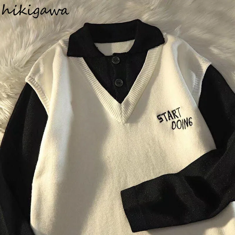 Preppy Style Sweater Women Chic Fake Two Fashion Pull Femme Contrast Color Letter Embroidery Casual Knitted Pulloers Y2k Tops