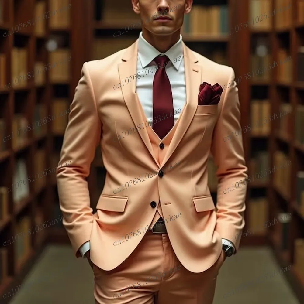 

New Light Orange Men Suit Wedding Party Formal Occasion Groom Groomsman Prom Business Male Tuxedos 3 Piece Set Jacket Vest Pants
