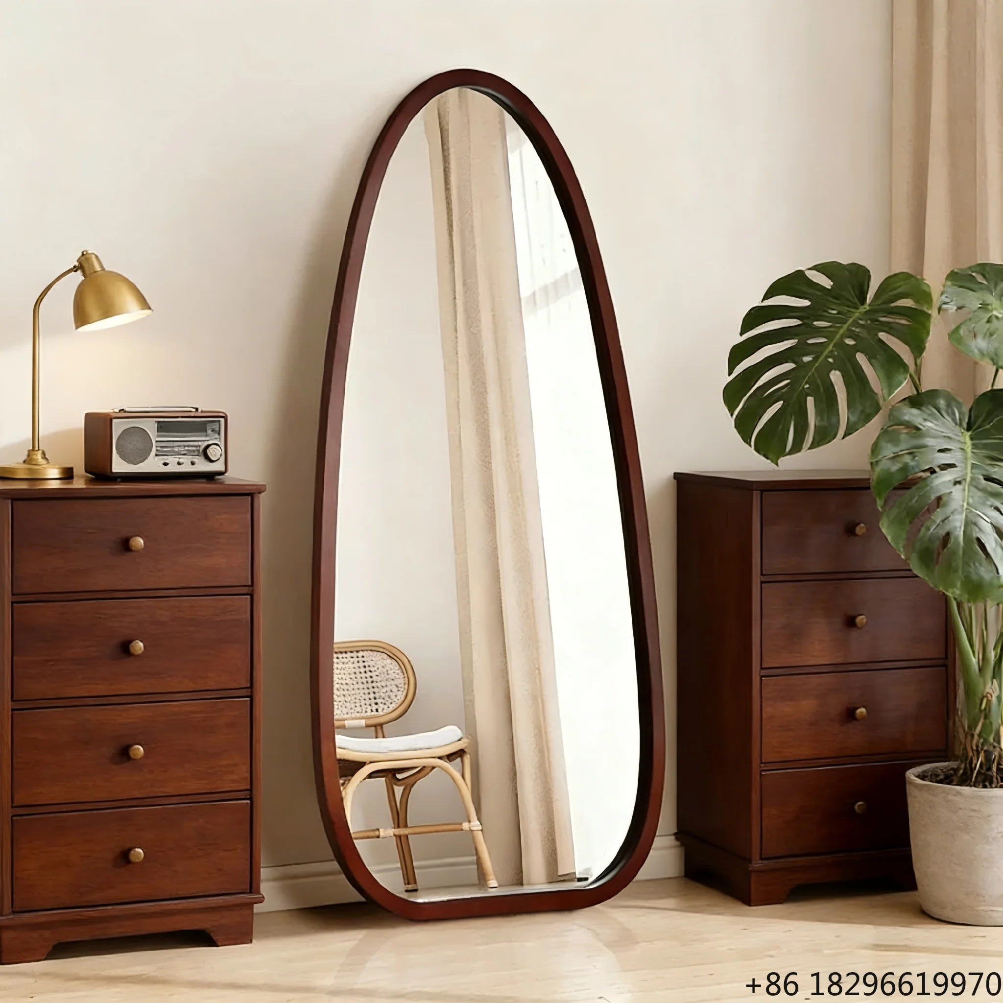 

Walnut Colored MDF Artistic Decorative Wall Mirror Modern Home Decor Wall Mounted Vanity Bathroom Mirror