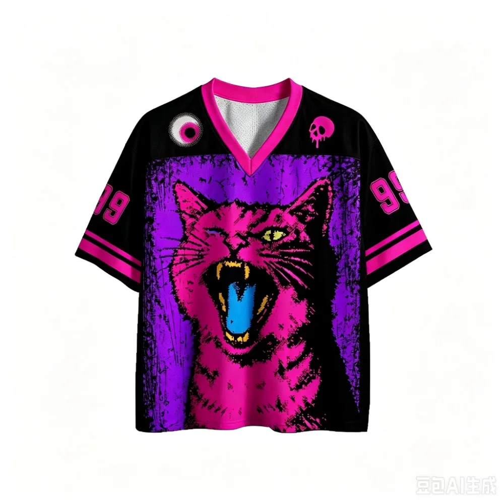 Punk-Stil, brüllende rosa Katze, 3D-Druck, Sport, schnelltrocknend, atmungsaktiv, Herren-T-Shirt mit V-Ausschnitt, Outdoor, Street, lässig, Y2K, Eltern-Kind-Kleidung – Detail 2