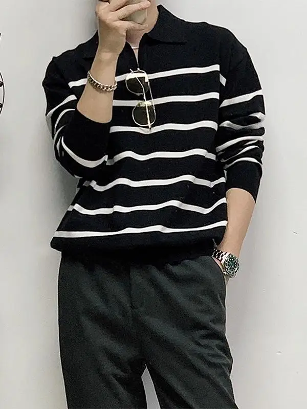 

Мужской вязаный свитер с воротником, в полоску, повседневный, с капюшоном, базовый слой, модный, городской стиль, длинный рукав, зимняя одежда