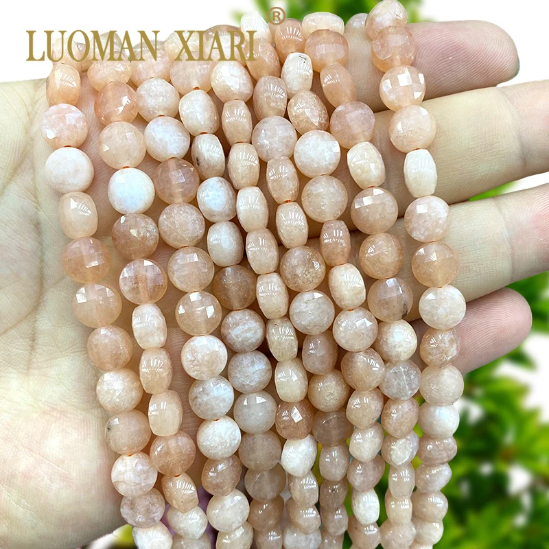 7-8mm Faceted Flat Round Natural Stone Chalcedony Sunstone Color Spacer Beads for Jewelry Making Diy Bracelets Accessories