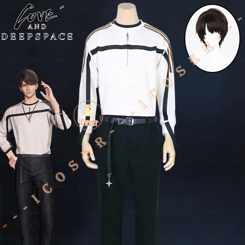 Костюм для косплея Love and Deepspace Caleb, парик, повседневная толстовка с поясом, белые брюки с длинными рукавами, вечерние костюмы на Хэллоуин, женские и мужские карнавалы
