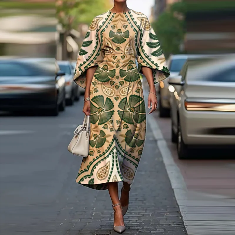 أنيقة طاقم الياقة شريط طباعة فستان طويل عادية المرأة مطوي فستان الحفلات الربيع خمر مطبوعة Batwing كم تخفيف فستان #2