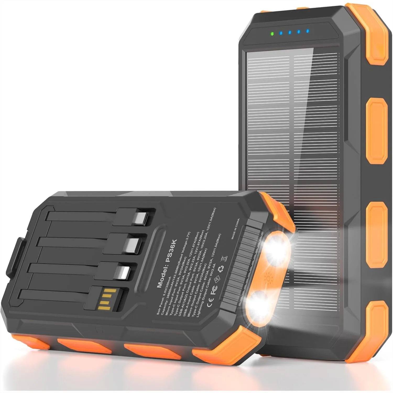 

Solar Charger Power Bank 38800mAh, PD 22.5W USB-C Fast Charging Portable Charger with 4 Built-in Cables and Dual LED Flashlights