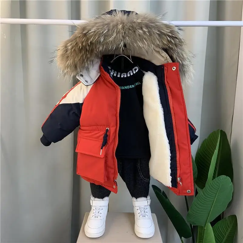 

Winter Boys Warmth Fleece Lined Drawstring Detachable Fur Hood Snow Jackets Child Therme Parka Kids Outfit Top Coats 1-11 Years