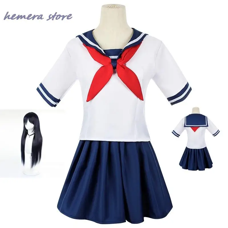 Anime Girls JK Uniforme Yandere Simulator Ayano Aishi Costumi Cosplay Gioco Outfit T-shirt da marinaio con gonna Parrucche nere Set Party