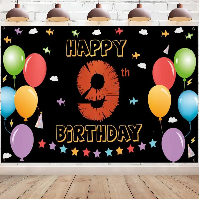 Happy 9th Birthday Backdrop Banner Decoration for Girls Boys 9 Year Old Colorful Ninth Party Photo Background for Outdoor Indoor