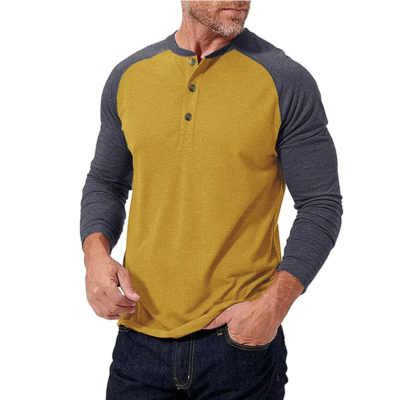 New Men's Crew Neck Buttoned Color Block Long Sleeve T Shirt Casual Comfortable Loose Fashion Trendy Minimalist High Quality Top