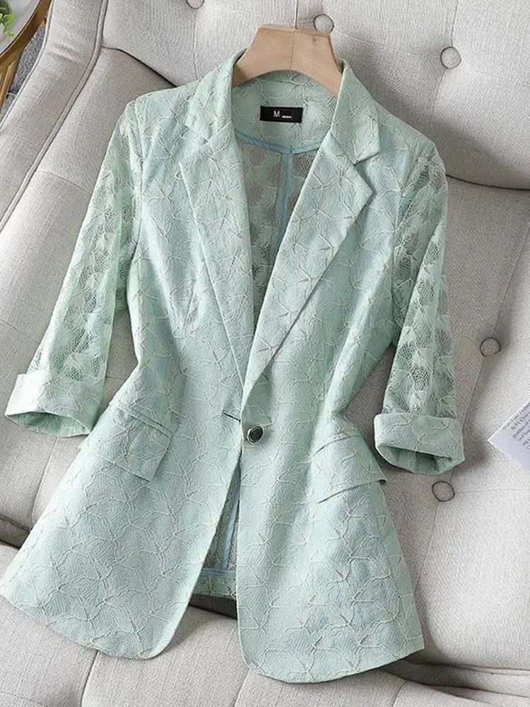 White Lace Women Blazer 2022 New Elegant Hollow Out Thin Sun Protection Summer Blazers Lady Office Suit Jackets Coat Slim Tops