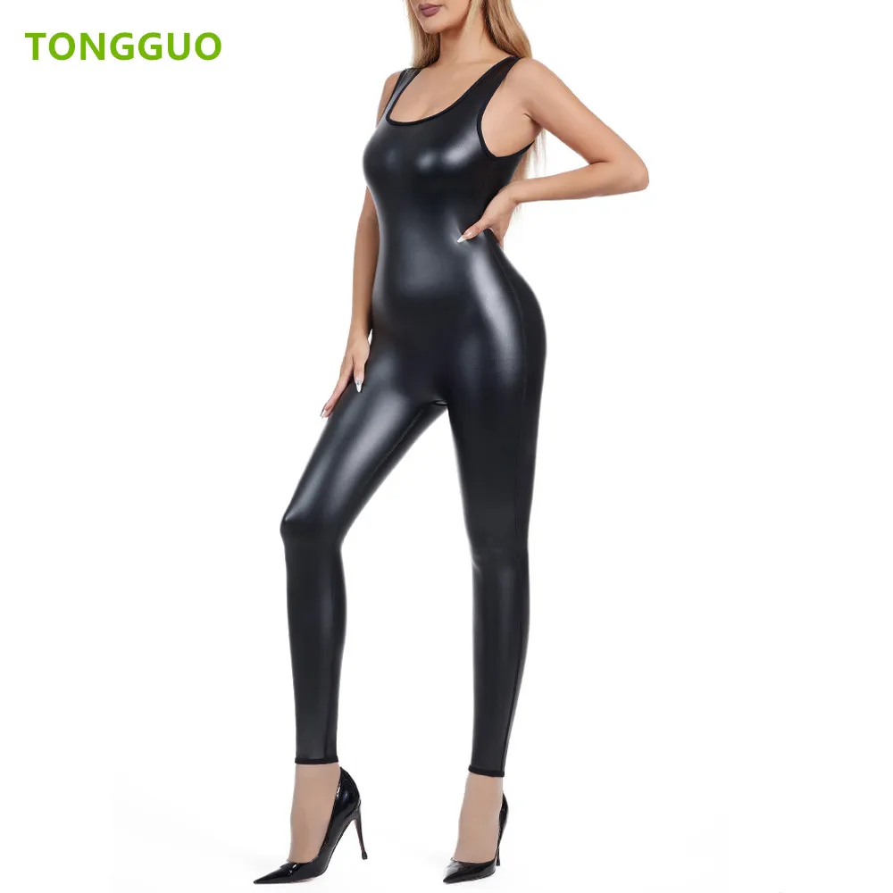 Women's Body Shaper Leather Jumpsuits Sleeveless Bodysuits Waist Trainer Corsets Tight leggings Faux Leather Tank Tops Shapewear