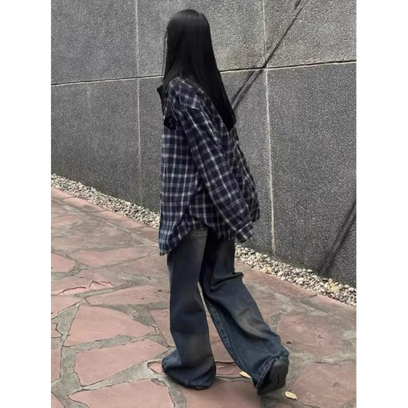 QWEEK Vintage Oversized Plaid Shirt Woman Streetwear Casual Long Sleeve Blouse Korean Style Youthful Harajuku Autumn Clothes