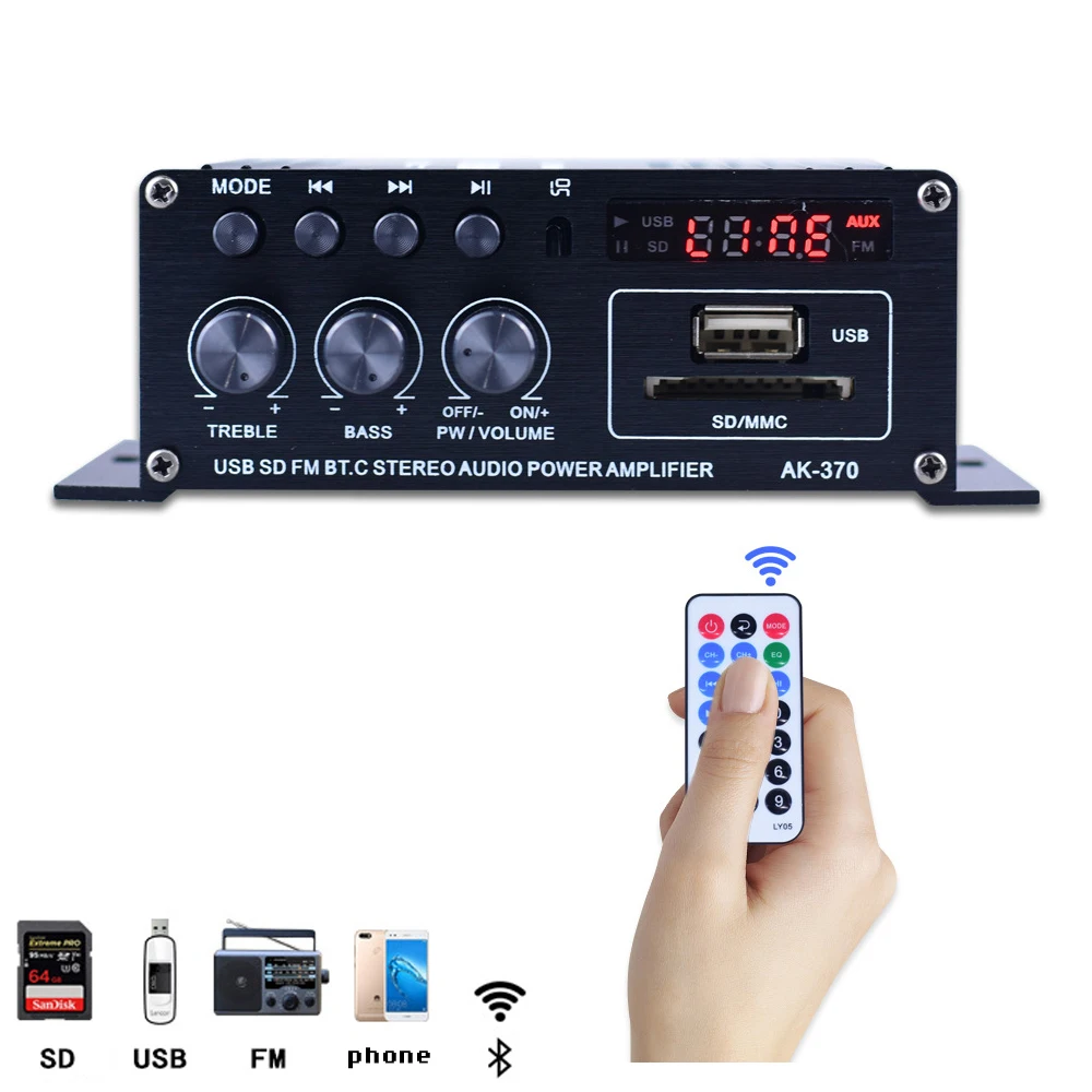 Woopker Sound Amplifier Channel 2.0 HIFI Bluetooth Amp Home Digital Audio 12V3A AK380 AK370 AK280 AK270 AK170 for Car Bass Trebl