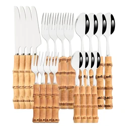 Drmfiy 20Pcs Natural Bamboo Handle Silver Dinnerware Set Stainless Steel Cutlery Set Kitchen Knife Fork Spoons Tableware Set