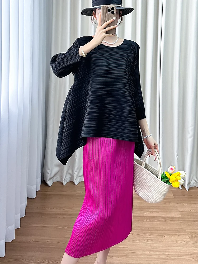 

Loose Summer Outfit Long Sleeve round Neck Folded Pure Color Half Skirt Two Piece Set Silk Top Commute Simple Style Chinese O...