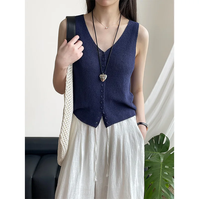 

Vintage Knitted Vest 25 Summer V-neck Breasted Ice Silk Sleeveless Camisole