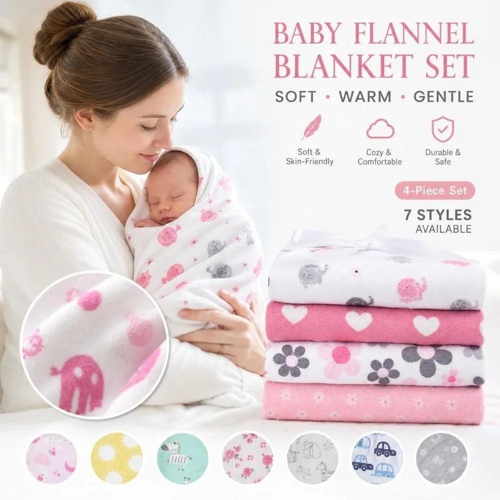 4Pcs Pack Flannel Receiving Baby Blanket Super Soft Printed Newborn Baby Swaddle 76x76cm Twill Weave Baby Bedsheet Blanket