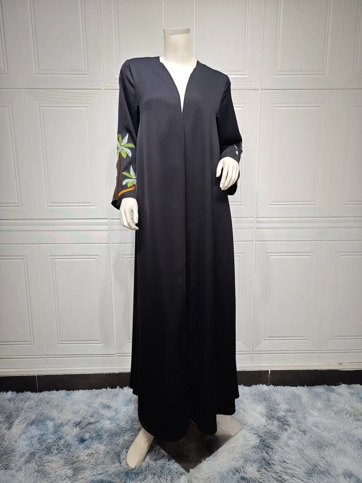 Abaya Kimono abierto informal negro para mujer musulmana, Ramadán Jalabiya Eid, bordado, manga larga, bata marroquí africana