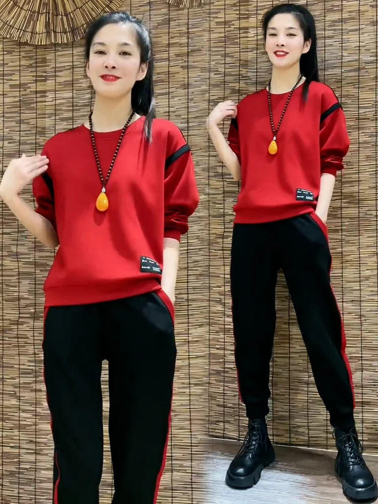 

Повседневный комплект спортивной одежды из хлопка с высоким содержанием для женщин, весна-осень 2022, новинка Sle для мам среднего возраста, модная антивозрастная толстовка с капюшоном, два...