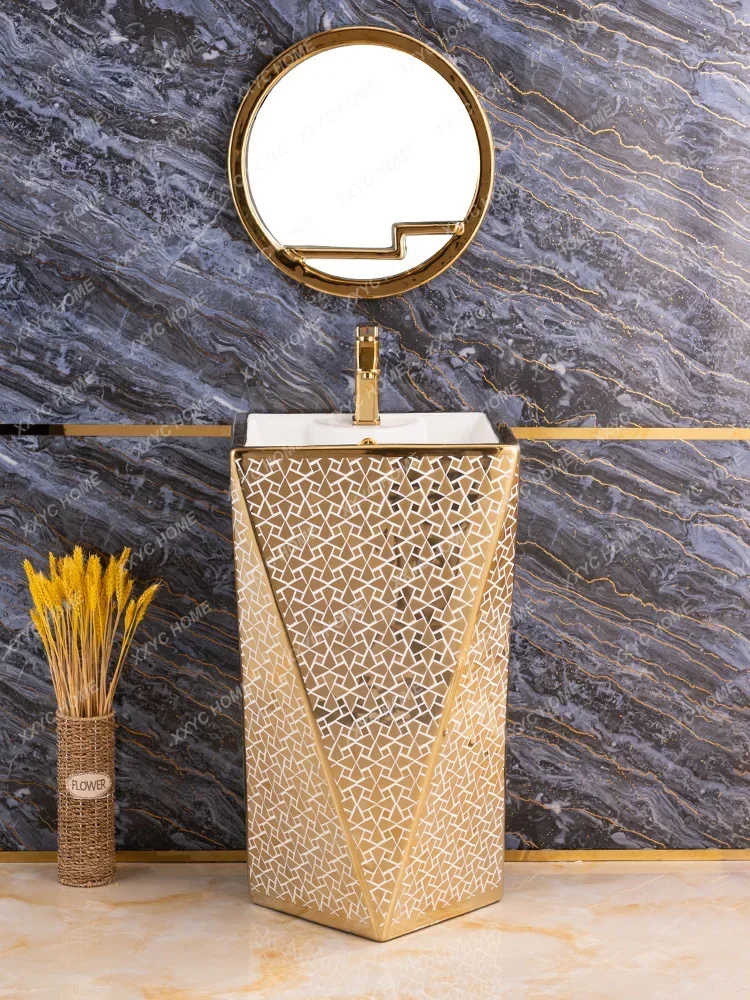 

Pedestal Basin Bathroom Balcony Sink Integrated Floor-Mounted Color Gold Light Luxury Ceramic Face Washing Inter-Platform Basin