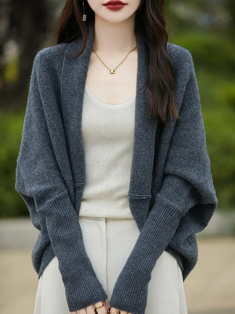Elegant Women's Open Cardigan Batwing Sleeve Knitted Loose Coat Spring Autumn Winter Casual Style V-Neck Long Sleeve Sweater