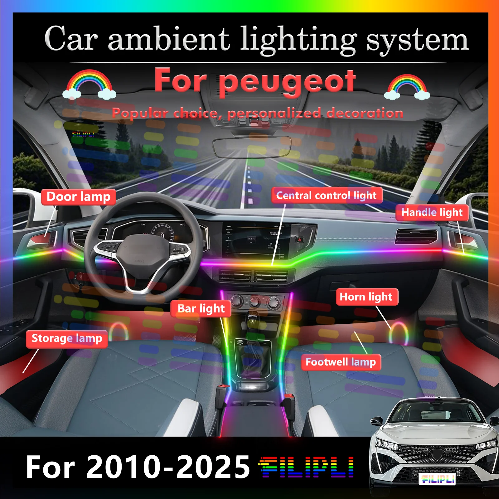 

For peugeot Budget Car Ambient Lights - 7 Colors Remote, 12V USB & Easy Installation